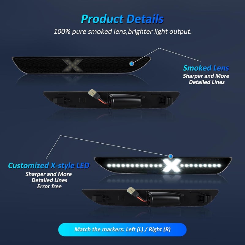 Best View Rear LED Side Marker Lights for Ford Mustang 2015-2023: Smoked Lens Fender Side Marker Reflectors Lights, X-style Side Bumper Lights, Waterproof Parking Lamps, Pack of 2 - Image 4